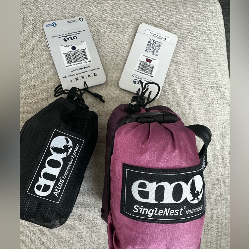 2 ENO Items: A SingleNest Hammock in Plum with An Atlas Suspension System